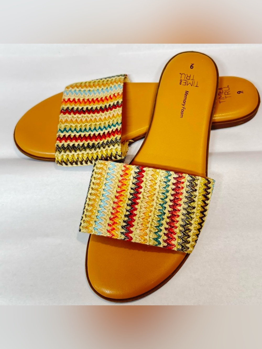 Time and Tru Yellow Multicolor Woven Band Slide Sandals
